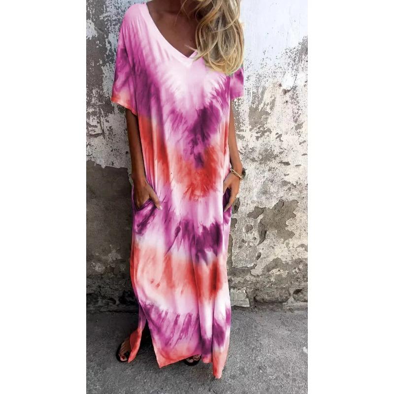 YYFS Women's Fashion Summer Spring Colour Block Print Short Sleeve V-Neck Loose Waistline Casual Dresses