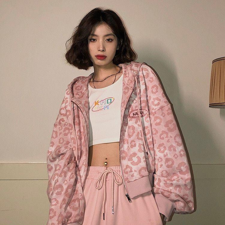 Розовые толстовки в консервативном стиле с леопардовым принтом Y2K Harajuku, большие толстовки с капюшоном, женские винтажные укороченные топы на молнии, милая куртка