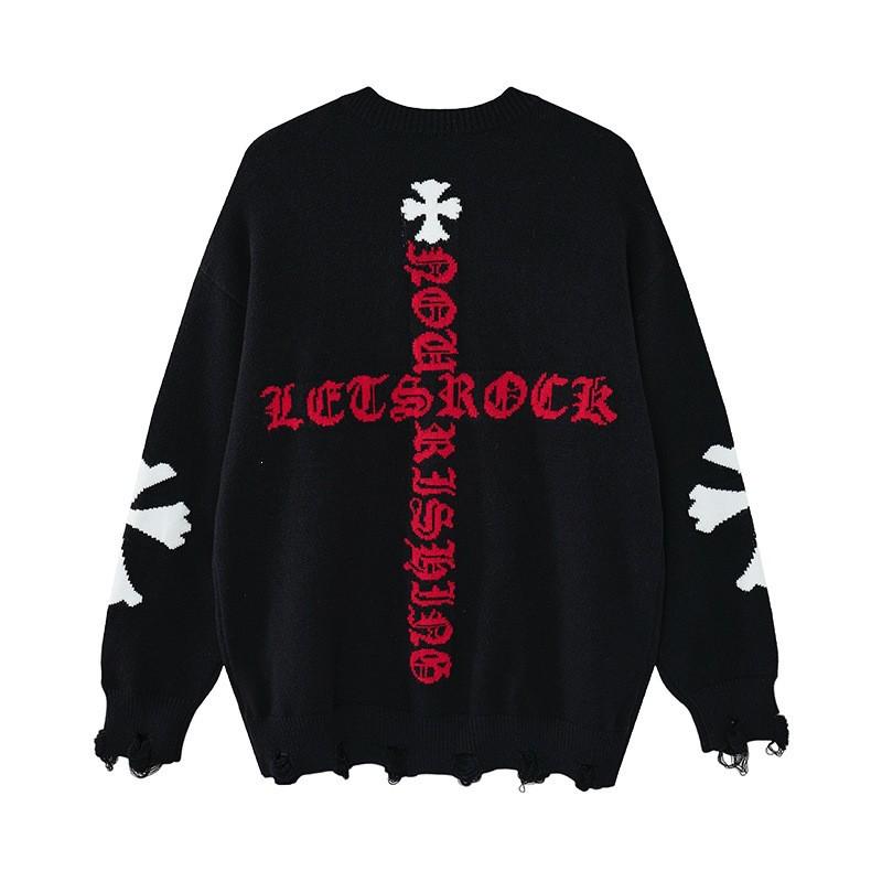 Loose Crochet Long Sleeve Knit Sweater Gothic Cross Distressed Mens Pullover Streetwear