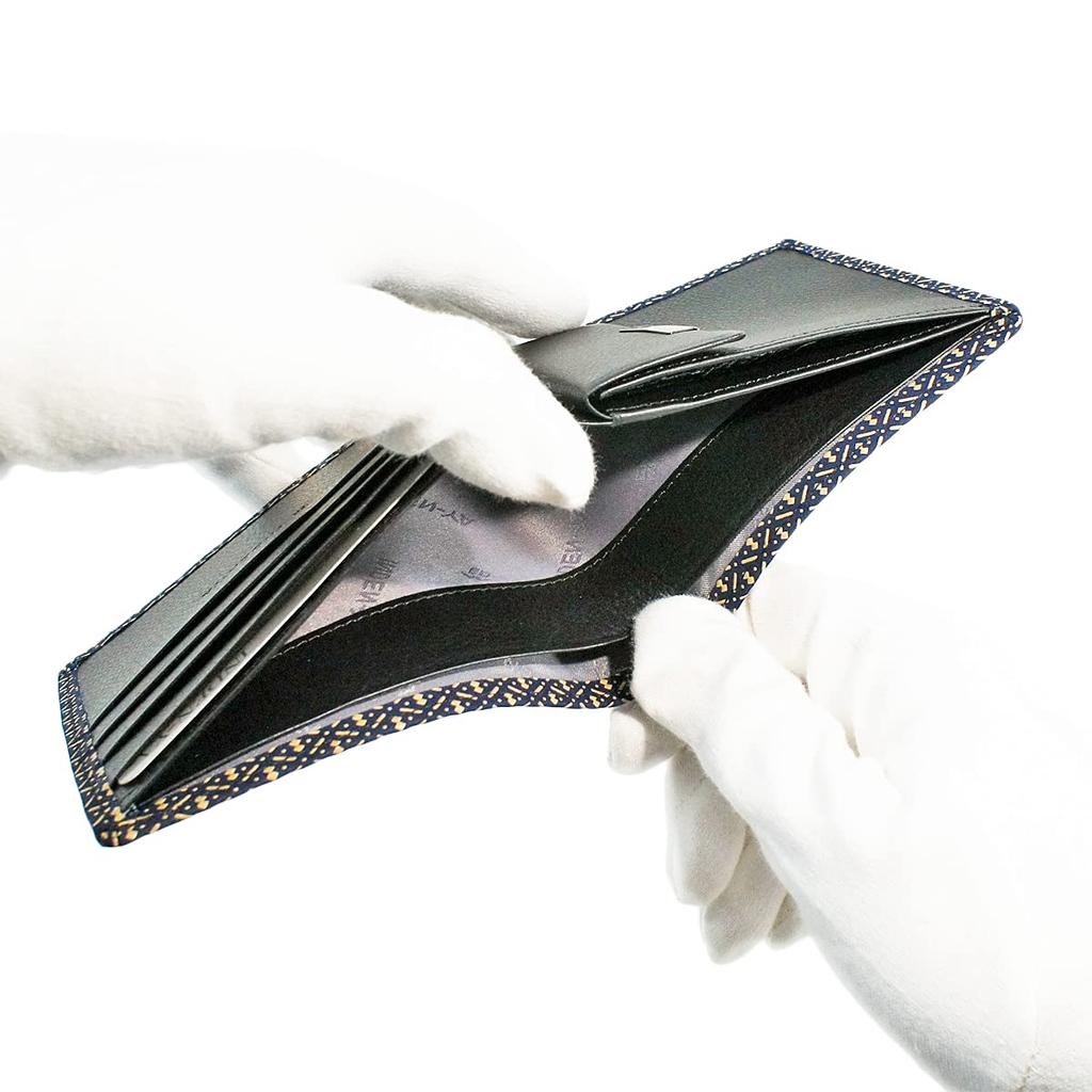 [Inden-ya] Inden Bifold Wallet with Bill Compartment C, Thin Deerskin Leather, Navy Blue with White Lacquer, Gourd Pattern, 2003-14-007