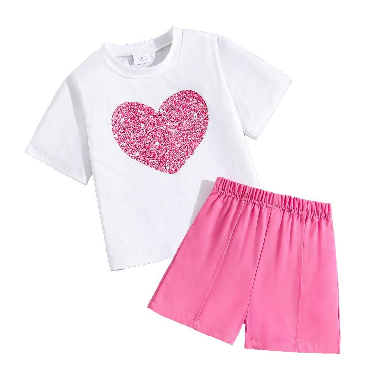 Повседневный костюм для девочек, летний детский модный костюм с принтом «любовь» с короткими рукавами и шортами