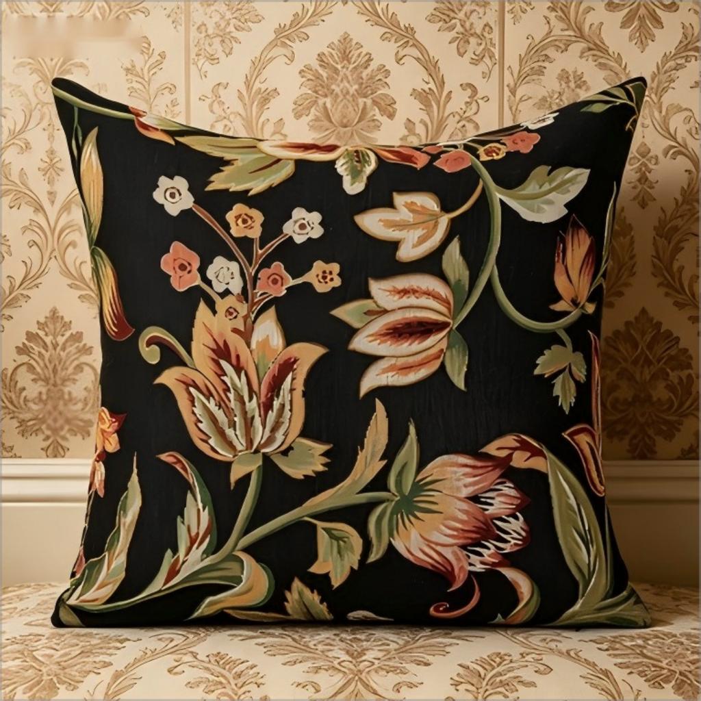 Vintage Black Floral Tapestry Print Throw Pillow Cover, Dark Academia Botanical Decorative Cushion