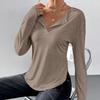 Women's Plain Drop Shoulder Half Placket Tee Casual Curved Hem Long Sleeve Round Neck T Shirt for Daily Wear Ladies Clothes