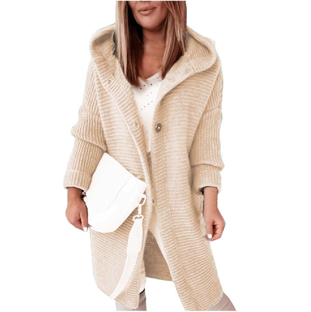 Women's Hooded Knitted Cardigan Solid Color Long Sweater Coat Thickened Winter Warm