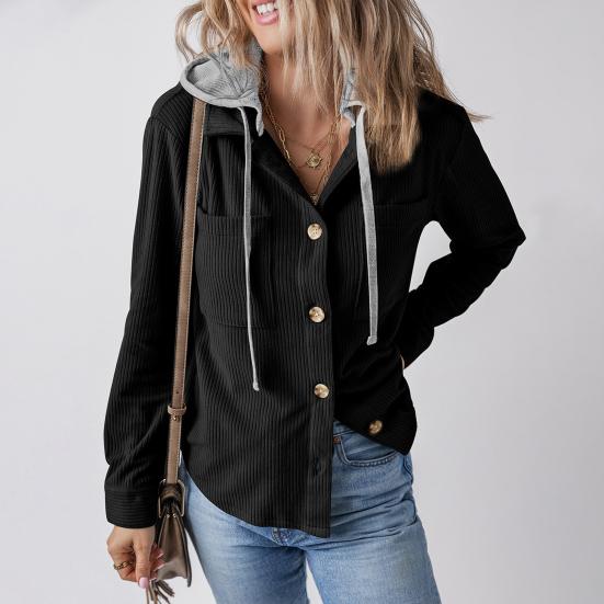 Весна Осень Женская Рубашка С Лоскутным Капюшоном И Нагрудными Карманами Завязывается На Шнурок Однобортная