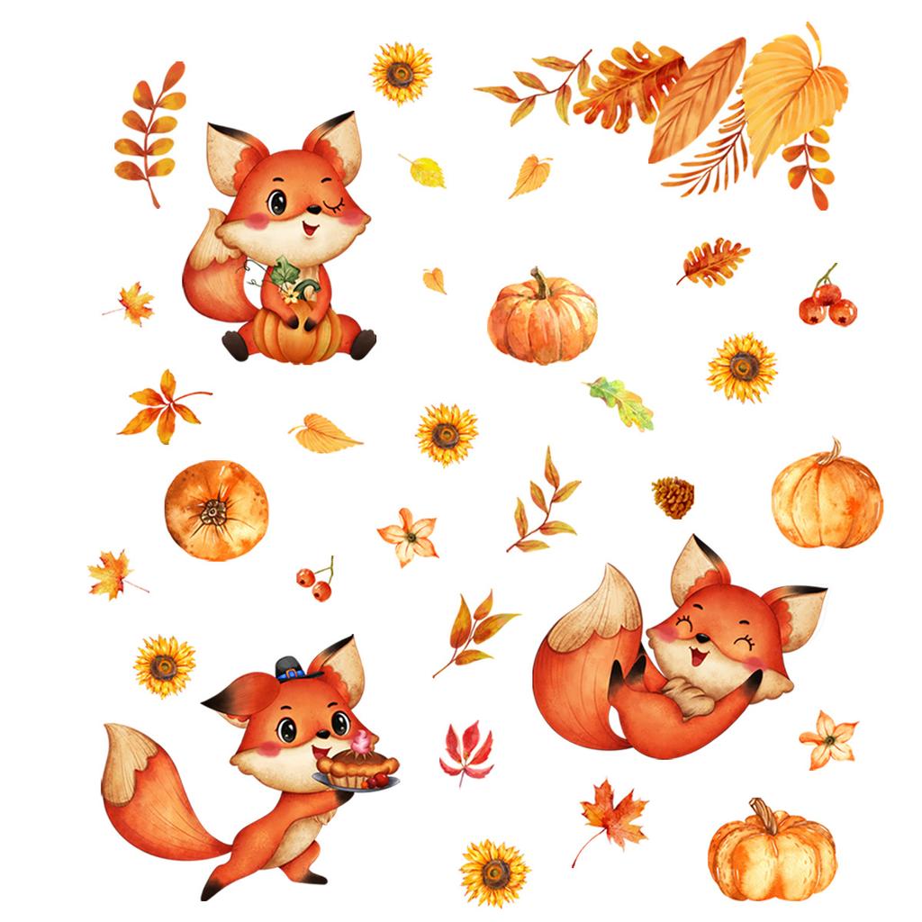Golden Maple Leaf Window Sticker Autumn Pumpkin Fox Wall Sticker For Kids Room Decals Thanksgiving Autumn Wallpaper Home Decor