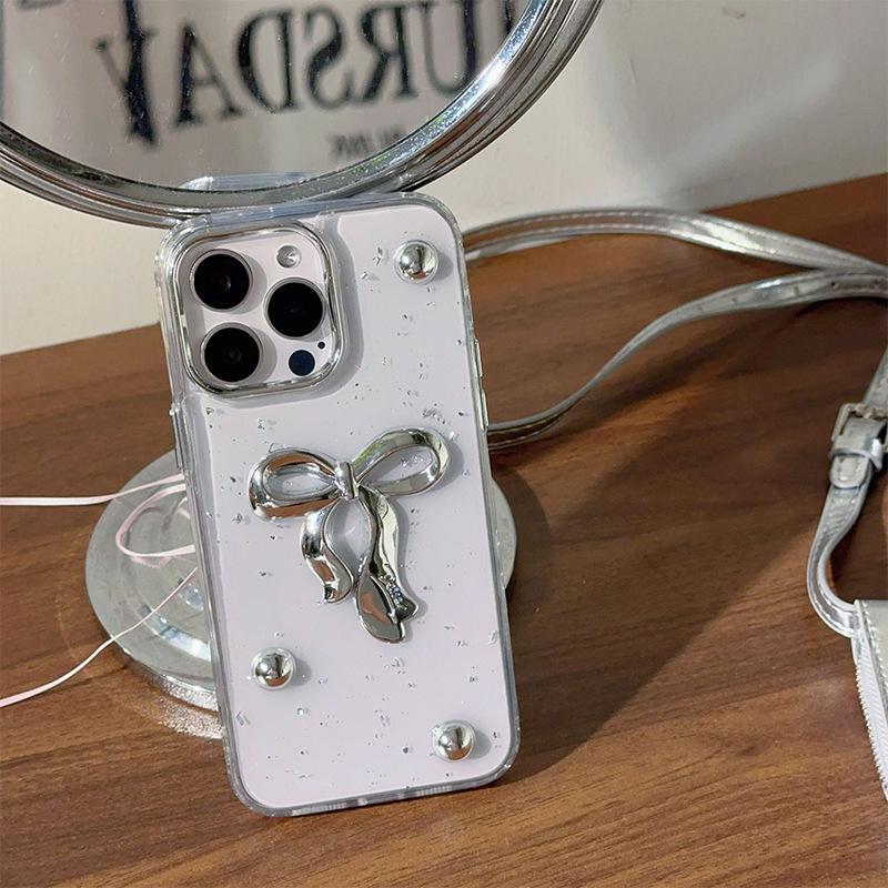 Применимый Iphone17Promax Серебряная Бусина Серебряная Фольга Чехол для Мобильного Телефона Apple 16 Эпоксидный Прозрачный Ветер Бант 15