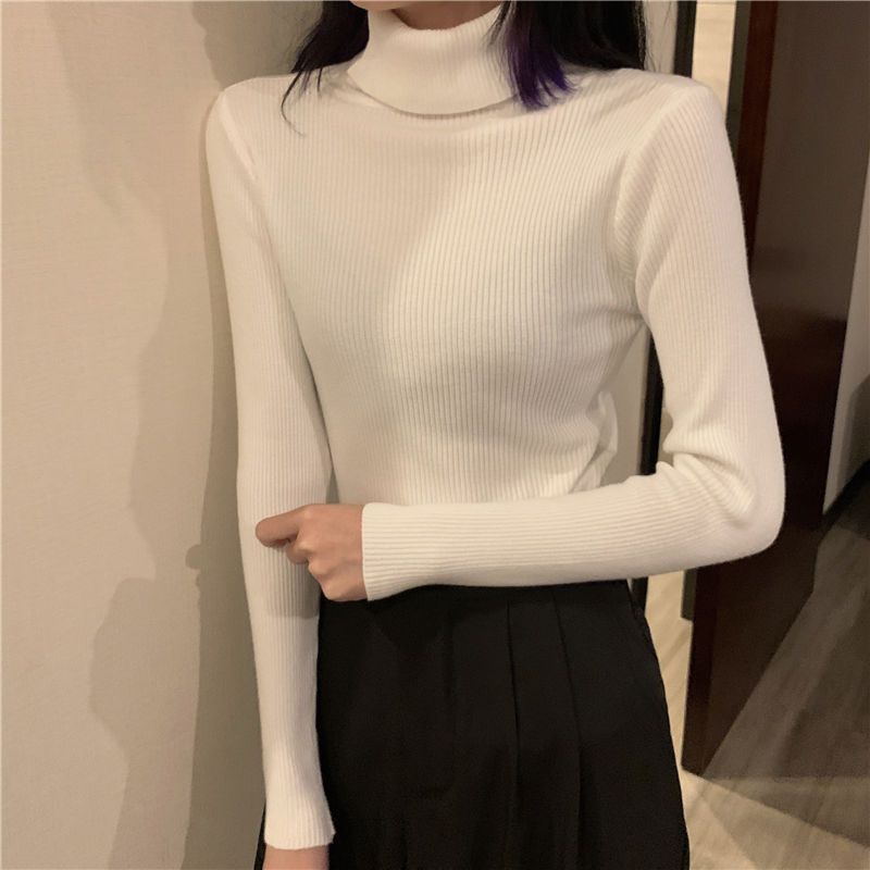 Turtleneck Pullovers Sweaters Women Autumn Winter Knitted Shirts Solid Color Long Sleeve Slim-fit Tight Jumper Tops