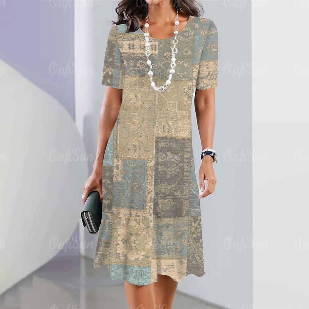 Summer Woman Clothing Short Sleeves Dresses Irregularly Printing Long Dress 3d Retro Women's Clothing Loose Round Neck Pullover