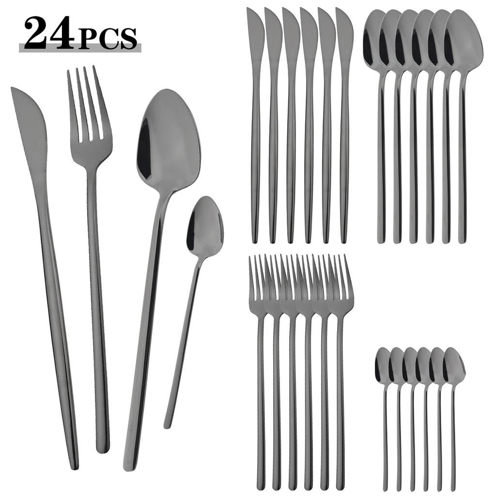 24pcs Black Mirror Dinnerware Set Knife Fork Coffee Spoon Cutlery Set Stainless Steel Flatware Western Party Kitchen Tableware