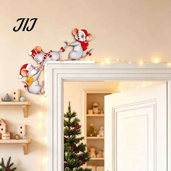 Festive Cartoon Animal Wall Art Christmas Three Mice Wooden Door Frame Decor, Santa Mouse Cute Holiday Craft Corner Ornament, Xmas Party Home Hanging