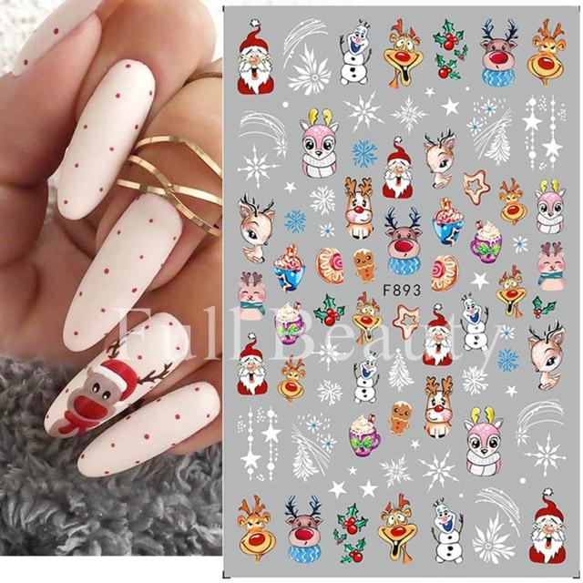 Рождественские наклейки для ногтей Пингвин Санта-Клаус Лось Дерево Олени Медведи Мультяшные ползунки Белые снежинки Наклейки Украшения для дизайна ногтей