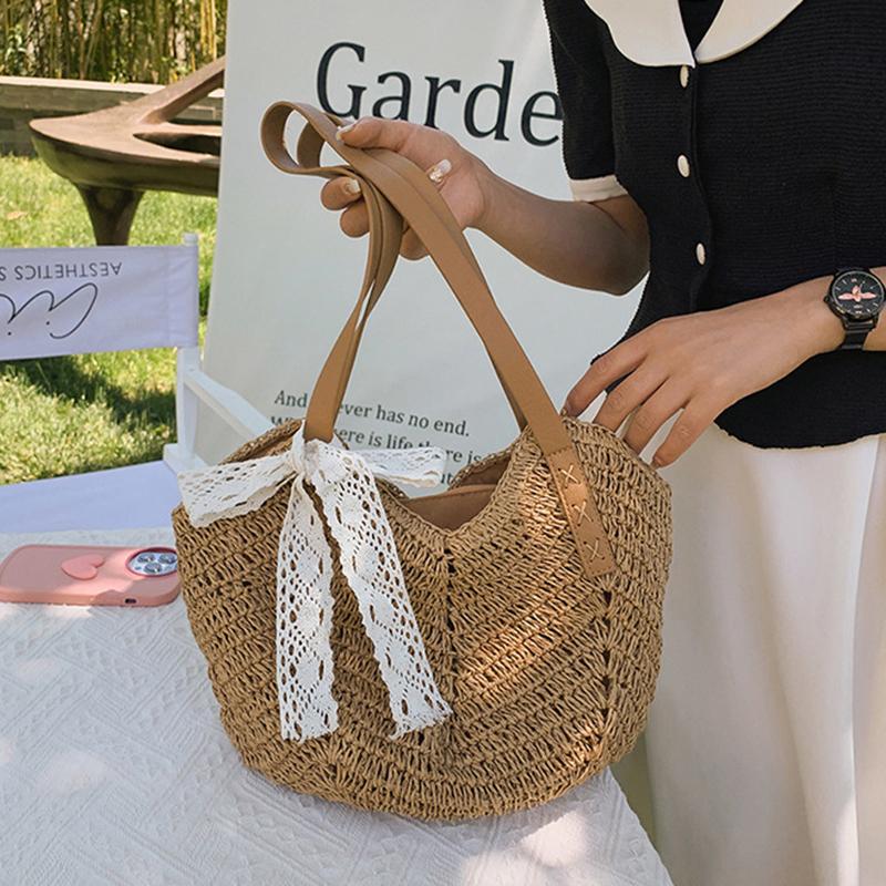Yogodlns Повседневная соломенная сумка через плечо для женщин, полая тканая пляжная сумка из ротанга