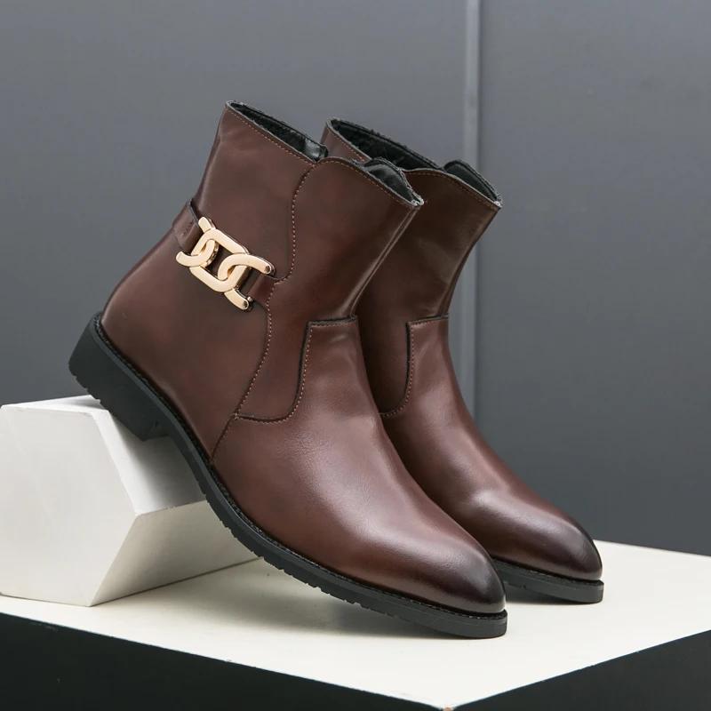 Classic Fashion Brown Boots for Men Pointed Toe Leather Ankle Boots Big Size 46 High-top Dress Shoes with Casual Business Shoes