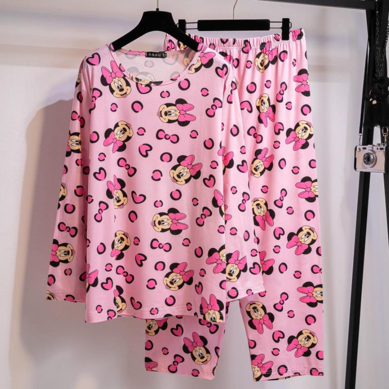 Милый женский пижамный комплект большого размера 2025 - Топ с длинным рукавом и брюки из чистого хлопка