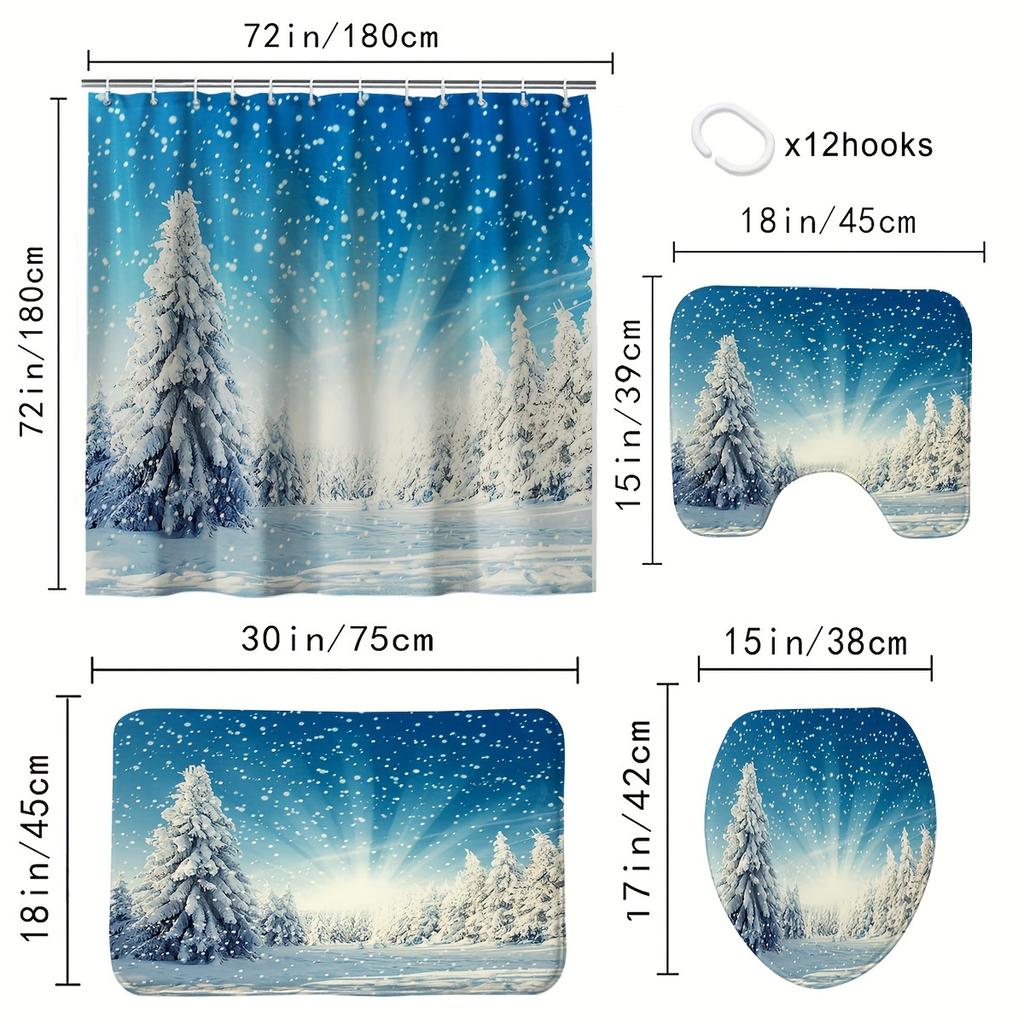4pcs Winter Forest Shower Curtain Set Decorative Bathroom Set Waterproof Non-Slip Carpet Toilet Cover Bath Mat 12 Hooks