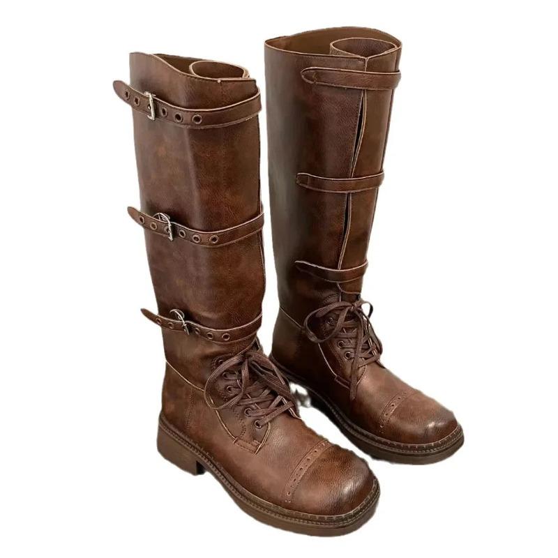 Новые осенние винтажные сапоги 2025 года Женские ковбойские сапоги в западном стиле Дизайнерские сапоги на среднем каблуке Слипоны Длинные кожаные сапоги-рыцари Кавалерийские сапоги