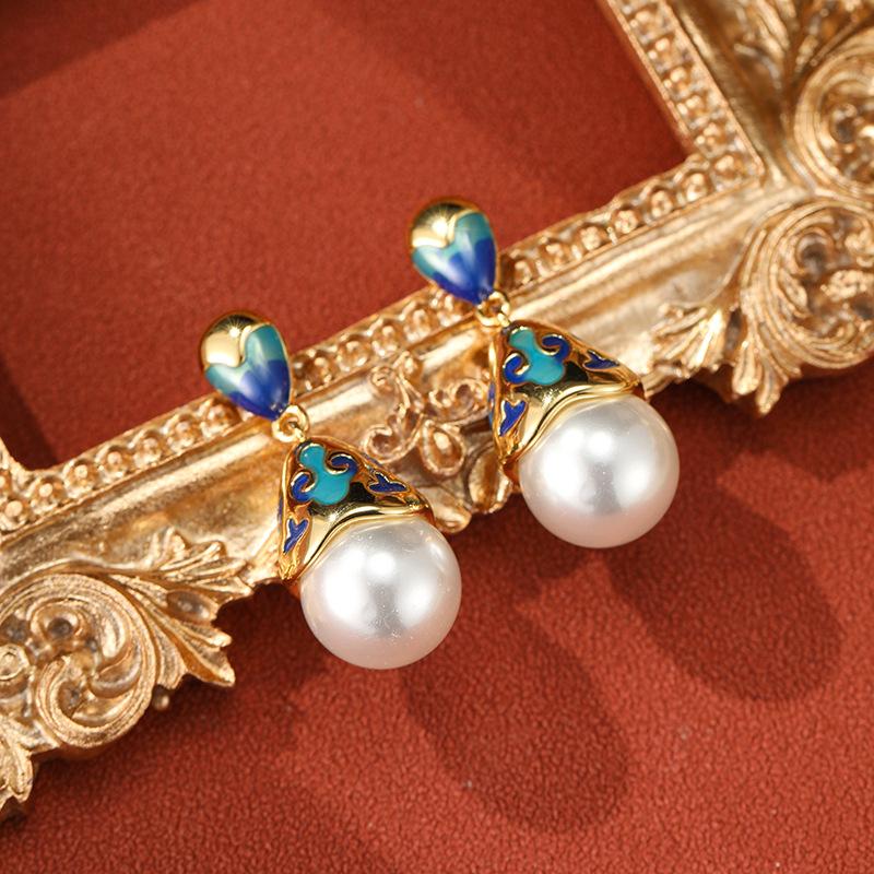 SUYU Jewelry Весна Новые Серьги-сетка с эмалью Имитация жемчуга Капающее масло Серьги в ретро-стиле Женские Подарок для вечеринки Фестиваля