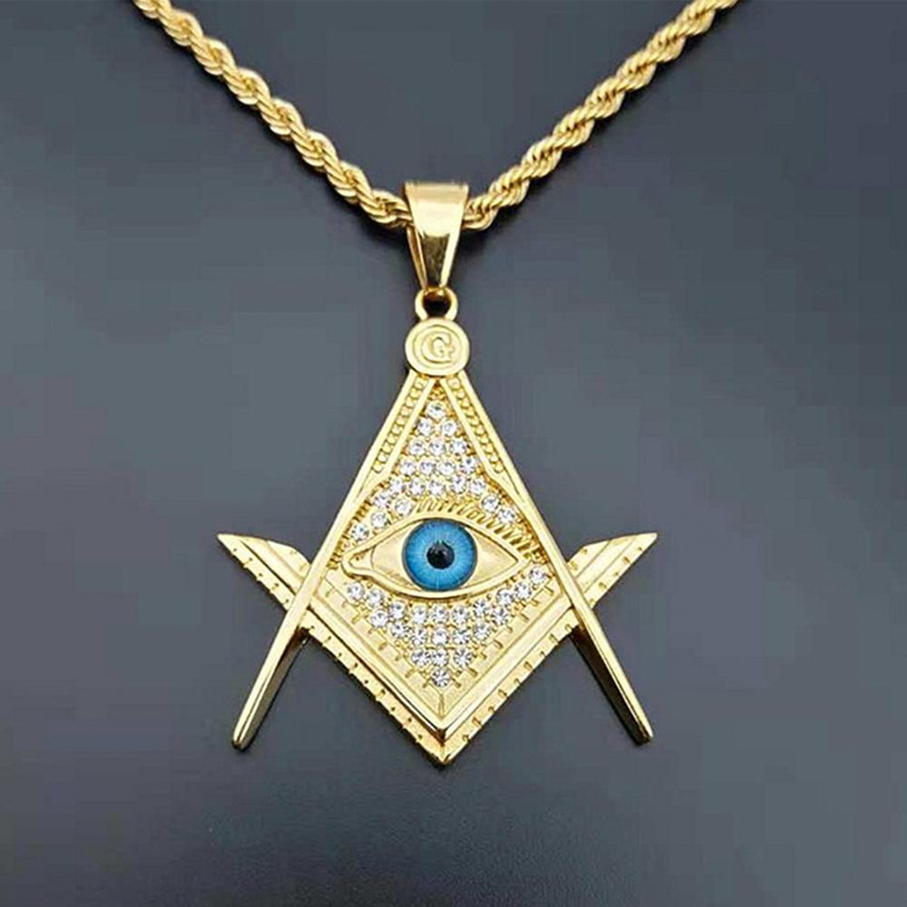 Iced Out Masonic All Seeing Eye Pendant Necklace Male Gold Color Stainless Steel Chain For Men Freemason Mason Jewelry