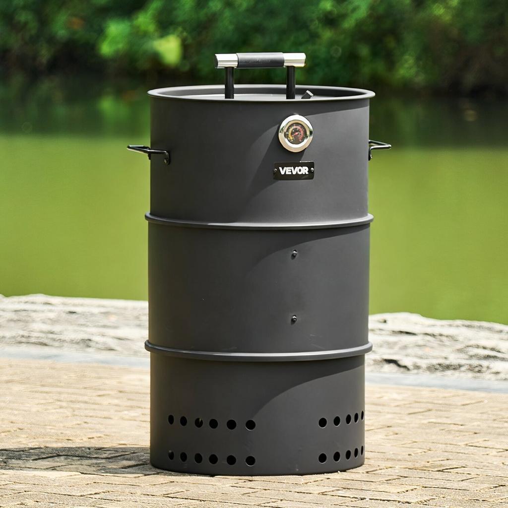 Charcoal Smoker Grill, 470mm Barrel Charcoal BBQ Smoker, Coated Steel Outdoor Barbecue Grill with 2 Grilling Grates, 1 Hanging Rod, 6 Hooks &