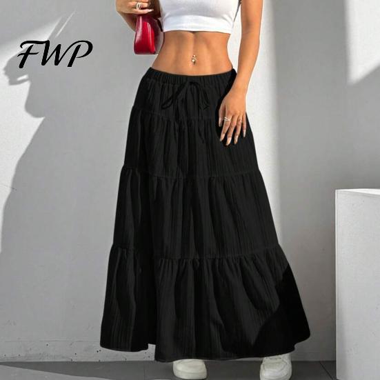 Elegant Casual Skirt Women Long Spring Summer Middle Waist A Line Flowy Swing Breathable Solid Color Elastic Drawstring Pleated
