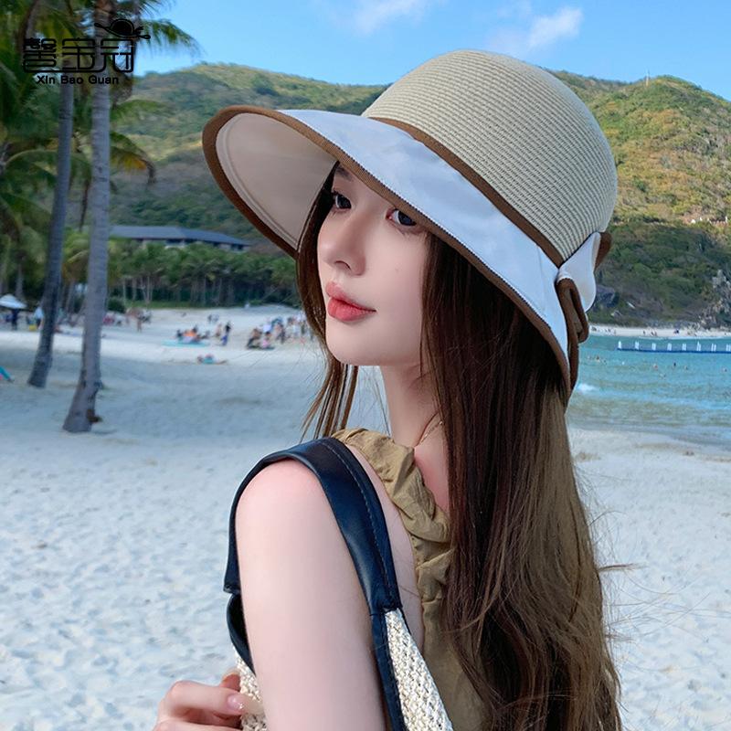 8456 Весенне-летняя шляпа-ведро с бантом, дорожная, универсальная, от солнца, детская, комбинированная, солнцезащитная, соломенная шляпа