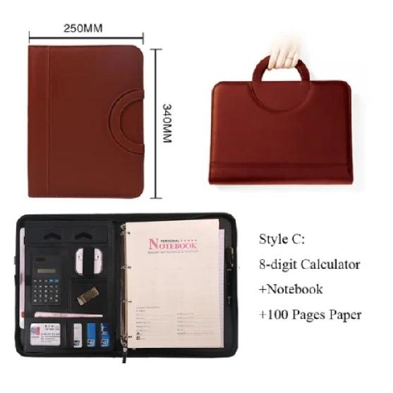 PU leather A4 zipper calculator binder conference file pad folder briefcase tablet portable circular handle file bag