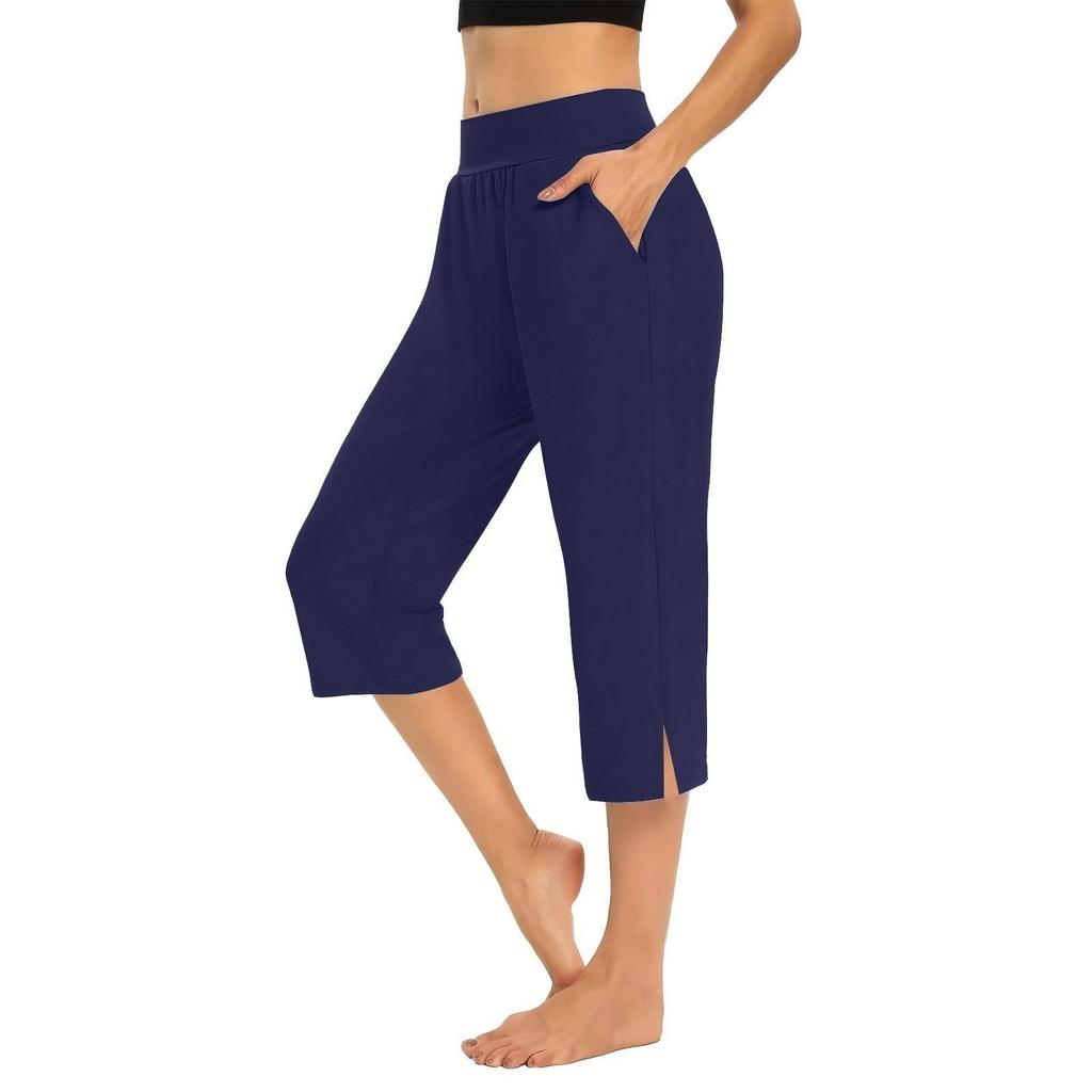 Women Elastic High Waist 3/4 Pant Casual Active Fit Wide Capris Leg Pants Trousers With Pockets