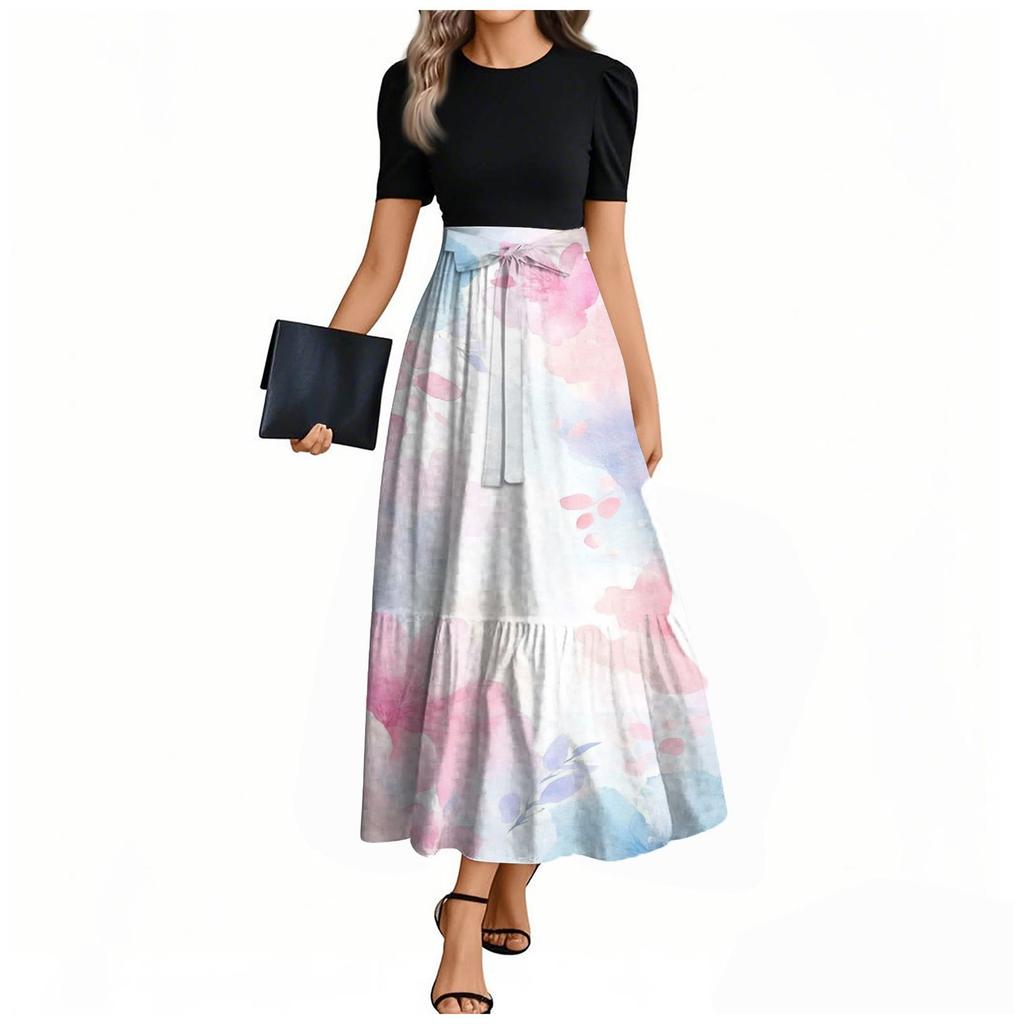 Женское элегантное модное повседневное платье с цветочным принтом и поясом, короткими рукавами и круглым вырезом