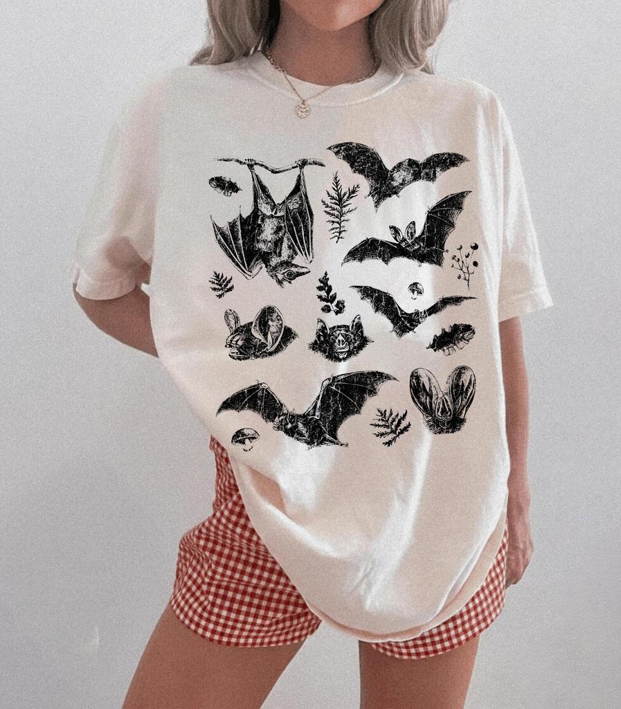 Gothic Bat Shirt, Dark Academia Botanical Tee, Vintage Spooky Animal Shirt, Halloween Bats Top