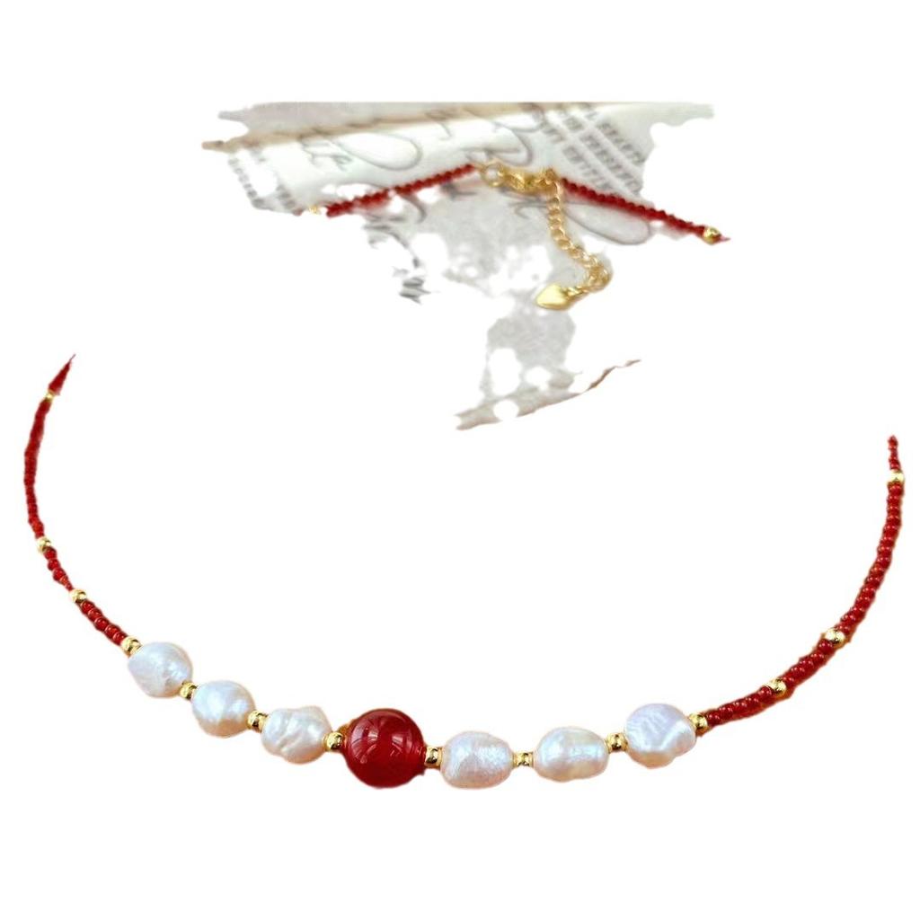 Vintage New Year's Red Pigeon Blood Red Natural Chalcedony Agate Baroque Pearl Necklace Collarbone Chain