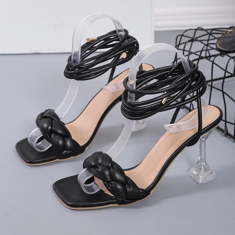Fashion High Heel Sandals 2024 Summer New European and American Large Sizes 35-43 Sexy Beauty Crystal Heel Strap Casual Sandals