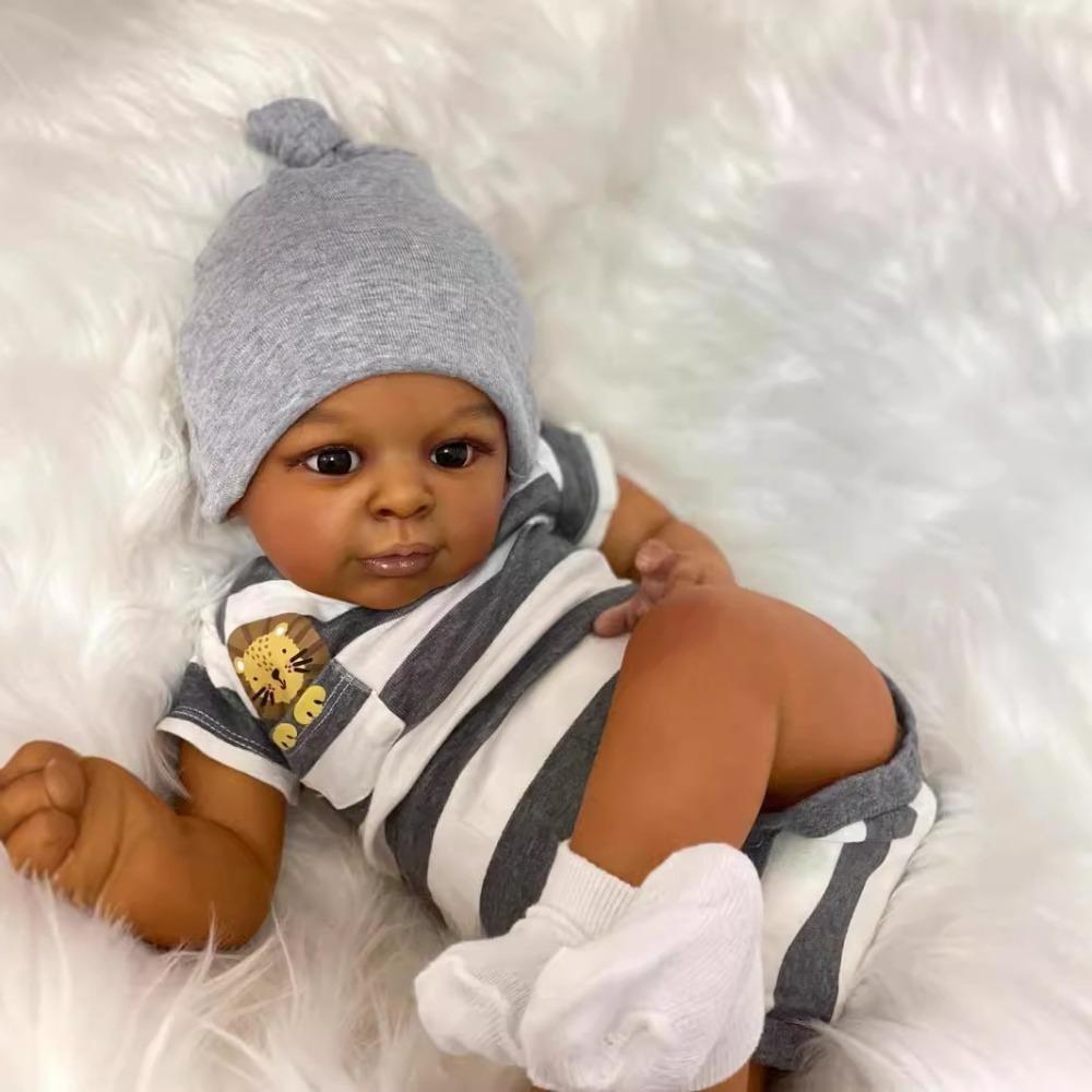 Cute 23 Inch Dark Skin Reborn Doll Jaylan Soft Touch Cloth Body Rebirth Baby Doll Hand-draw Hair Simulation Dolls for Kids Play House Toy Holiday Gift