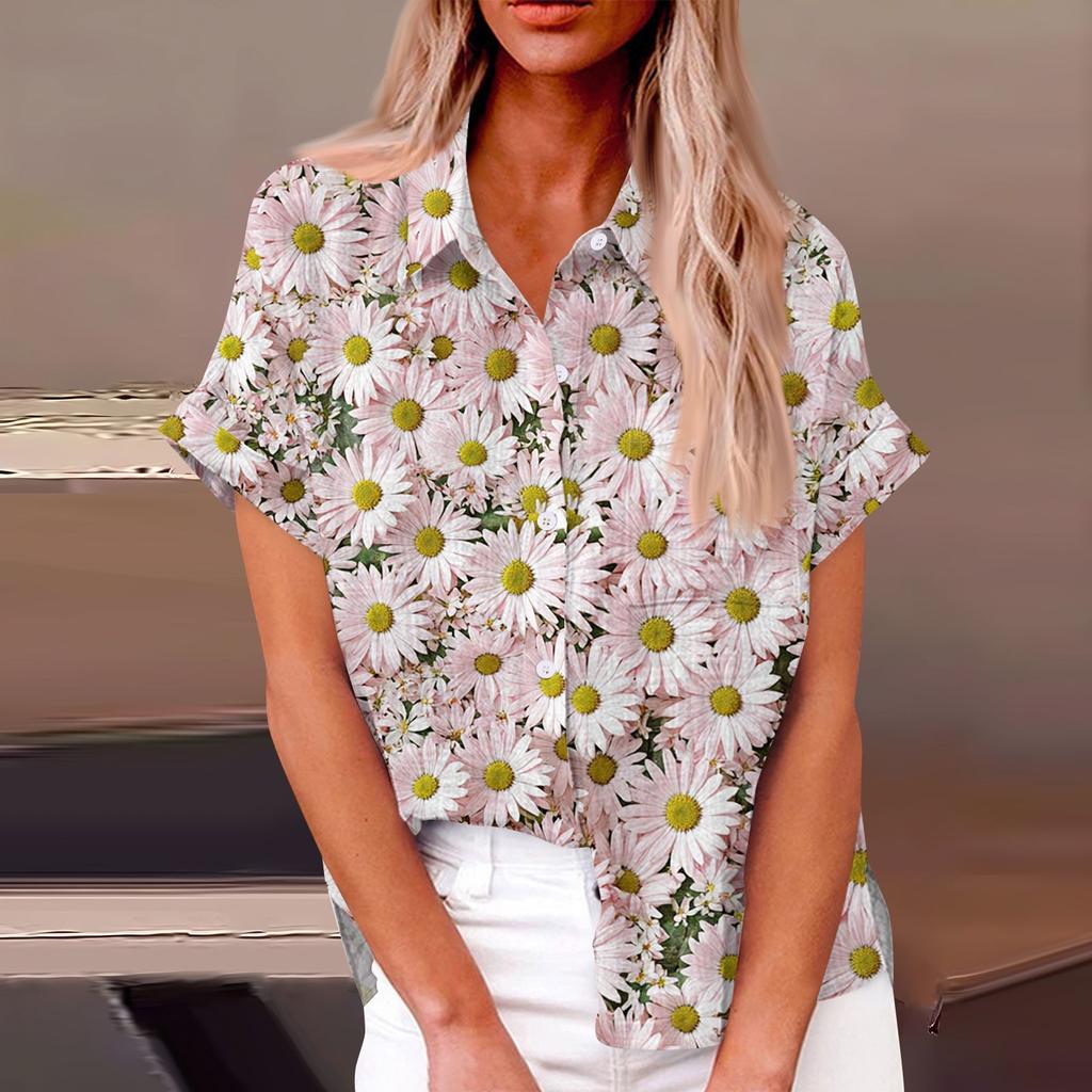 Женская модная свободная повседневная рубашка с коротким рукавом и отворотом на пуговицах, футболка с принтом, топ