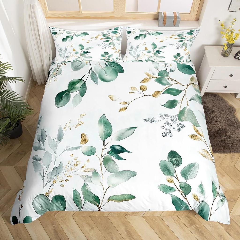 Sage Green Botanical Comforter Cover Eucalyptus Leaves Duvet Cover Spring Watercolor Plants Bedding Set Rustic Farmhouse Bed Set