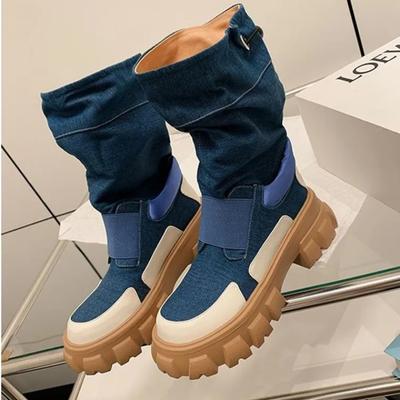 Весна Осень Новые женские сапоги до середины икры Модные ковбойские рыцарские сапоги Панк Готика Классические джинсовые парусиновые туфли Короткие туфли на платформе