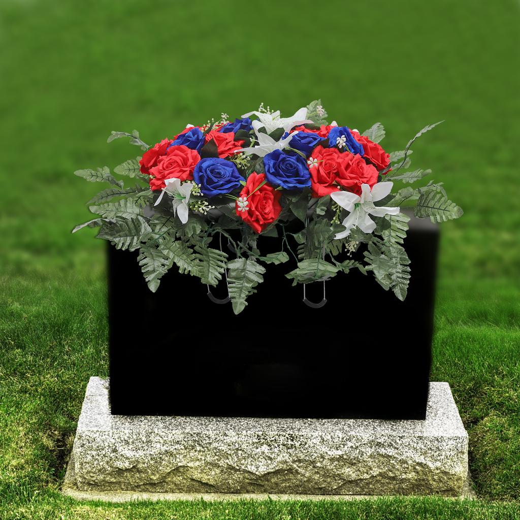 47*64cm Artificial Silk Cloth Cemetery Flower,Red Blue Outdoor Grave Decorations for Headstones and Funeral Ceremonies