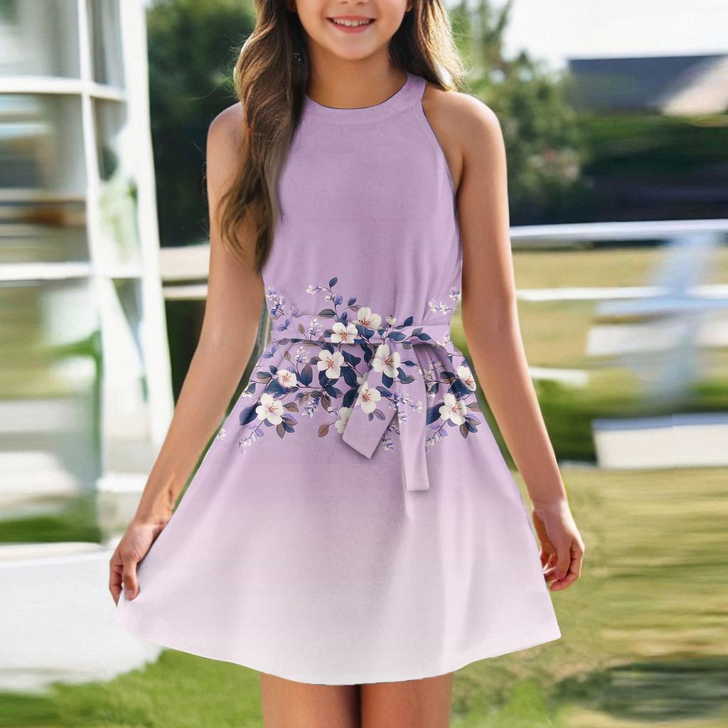 Летнее платье для девочек Платье без рукавов на бретельках Однотонное платье без рукавов с принтом Повседневное платье