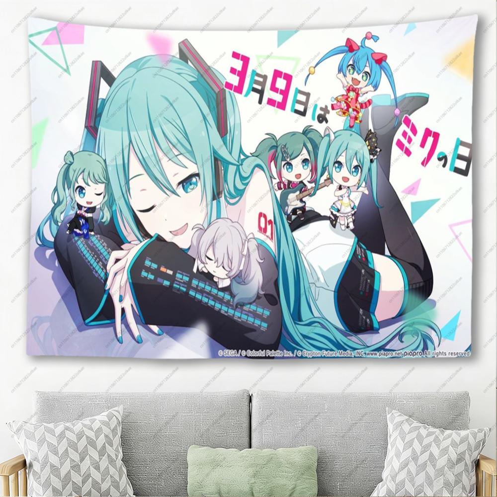 Hatsune Miku Chibi Group Anime Tapestry Teal Vocaloid Kawaii Wall Hanging Bedroom Decor