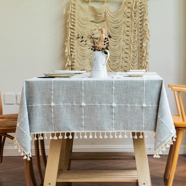 Linen Cotton Embroidery Lattice Tablecloth Rectangular Dustproof Tassels Table Cover For Kitchen Dinning Coffee Table Decoration