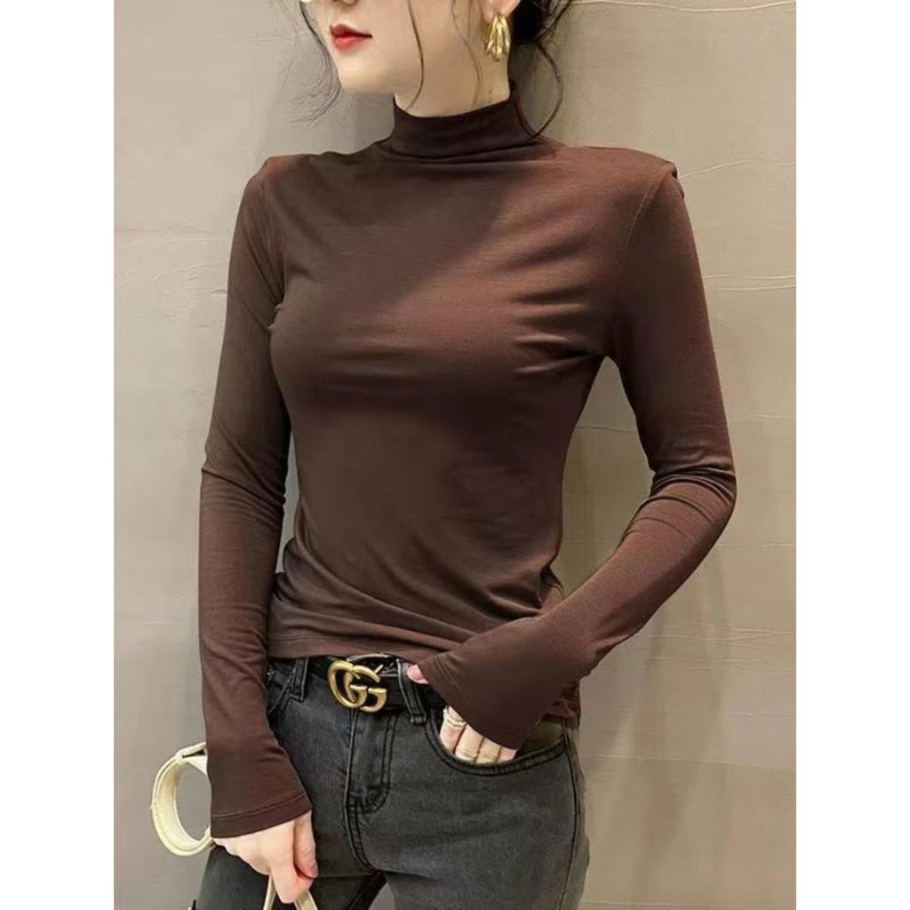 Women's Slim Fit Long Sleeve T-shirt, Double Plush, Mid-High Neck, Thickened for Autumn/Winter Warmth