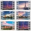 3D Natural Scenery Fake Window Stickers Sakura Tree Beach Building Wall Art Mural Decals Home Office Decoration Vinyl Wallpaper