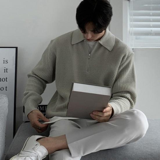 Осень-зима мужской свитер с отложным воротником и полумолнией, длинные рукава, однотонный свободный трикотажный топ, повседневная одежда, школьный рабочий трикотаж