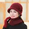 New Women Winter Hat Thick Warm Knitted Hat Scarf Gloves 2Pcs Set Fashion Hats Middle-Aged Mother Flowers Rabbit Fur Bucket Hat