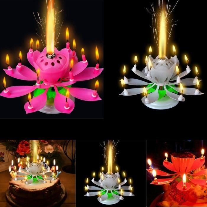 Bougie d'Anniversaire - Multicolore - Fleur Lotus - Rotation - Musique - Décoration de Gâteau