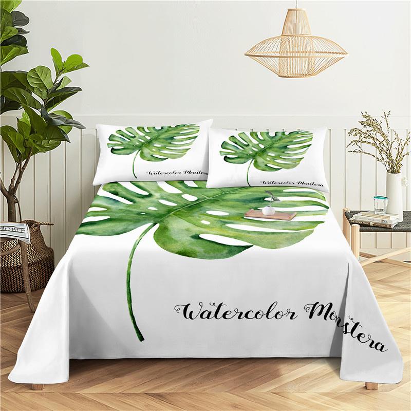 Green Leaves 0.9/1.2/1.5/1.8/2.0m Digital Printing Small Fresh Polyester Bed Sheet With Pillowcase Print Bedding Set