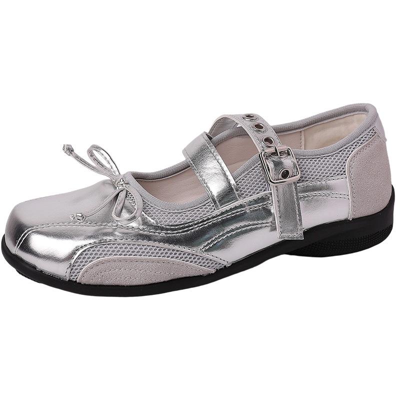Французские ретро серебристые туфли Мэри Джейн женские лето 2025 новинка нишевые туфли-балетки с бантом женские одинарные туфли