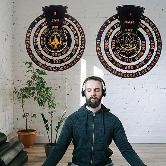 Wooden Perpetual Calendar Manual Rotating Circular Wall Calendar Rustic Perpetual Calendar for Home Bedroom Meditation Room Wall Decor