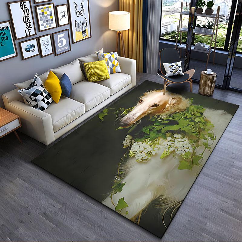Elegant Dog with Greenery suitable as a non-slip mat for the living room or bedroom sofa