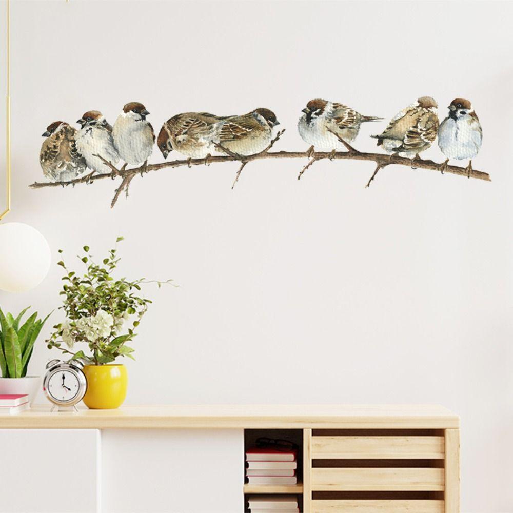 Самоклеящиеся наклейки с изображением птиц в ветке, акварельные воробьи, наклейка для милой гостиной